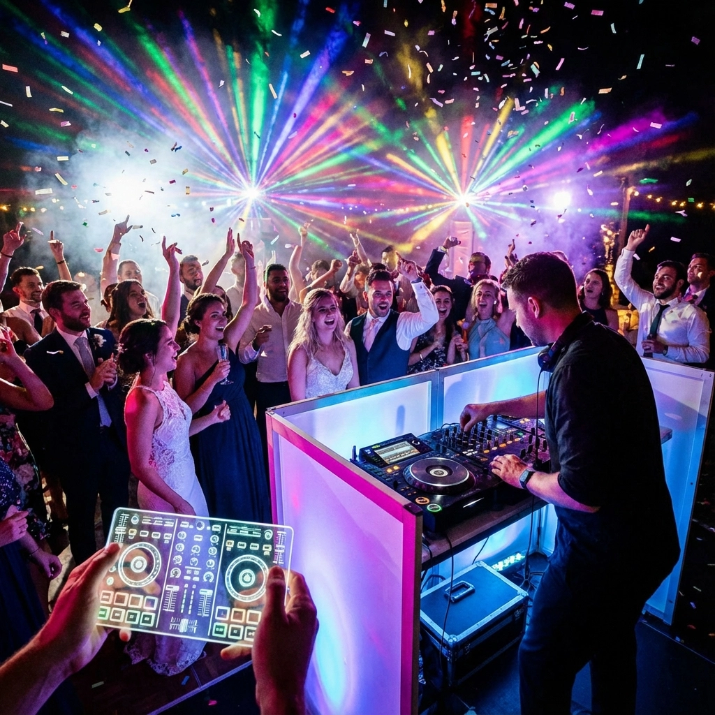 A DJ performs at a lively party with colorful lights, confetti, and a crowd of people dancing and cheering on the dance floor.