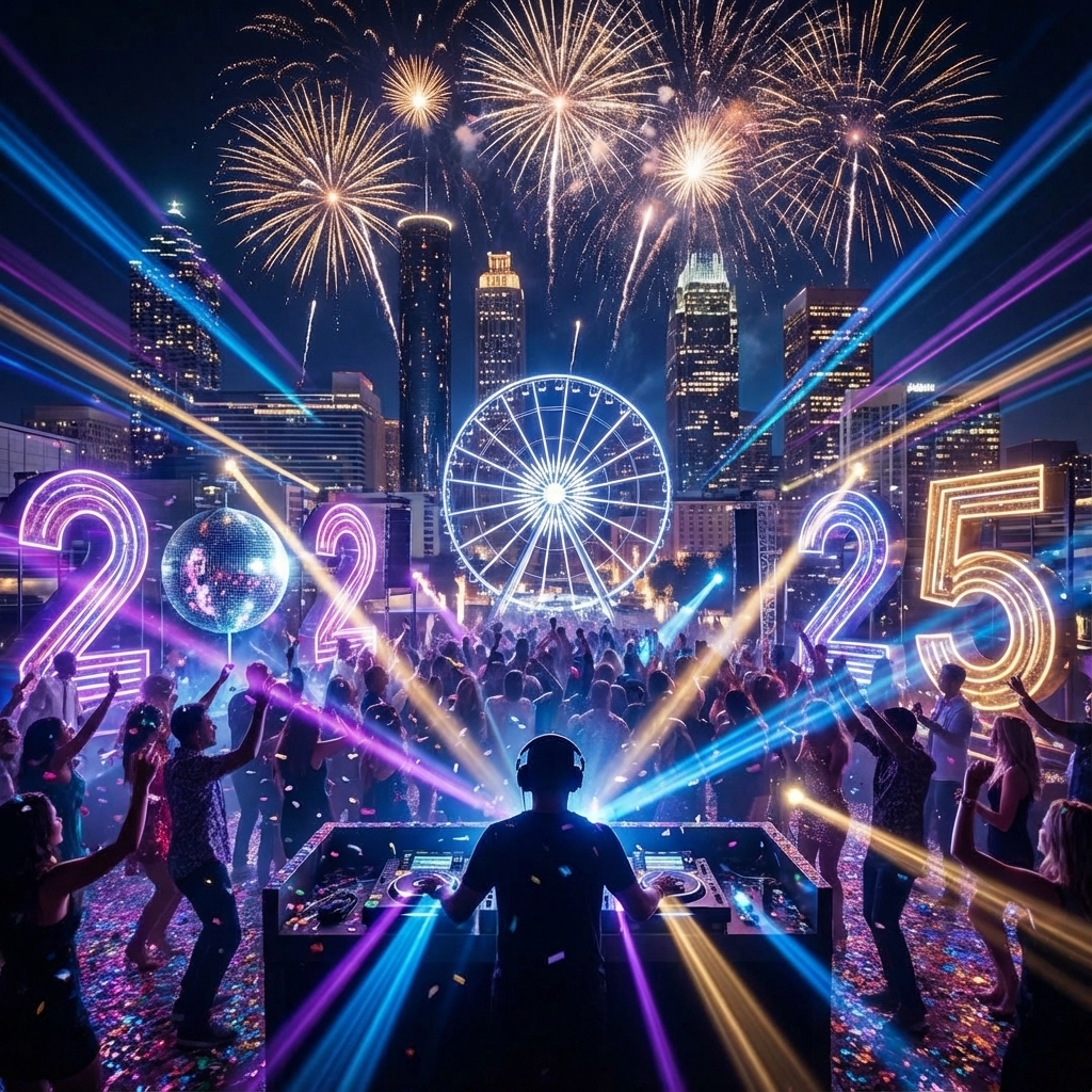A rooftop New Year’s Eve party with a DJ, dancing crowd, fireworks, neon "2025" numbers, and a ferris wheel against a city skyline at night.