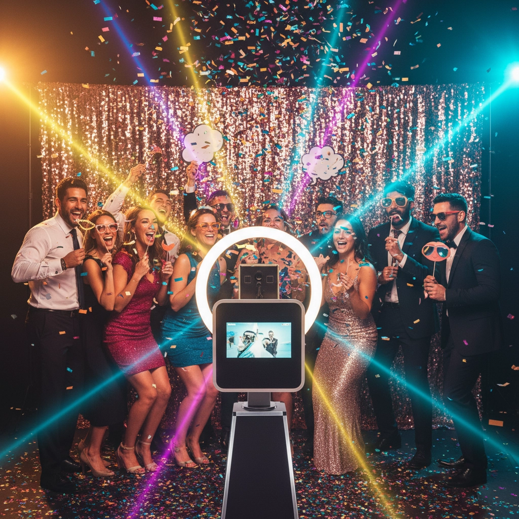 A group of people in formal attire pose for a photo booth at a party, surrounded by confetti, colorful lights, and a shimmering backdrop.