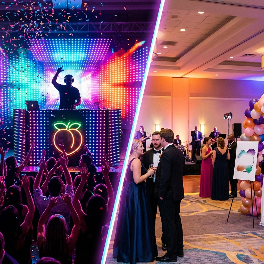 A split image shows a lively DJ-led dance party with colorful lights on the left and a formal ballroom event with guests in evening attire on the right.