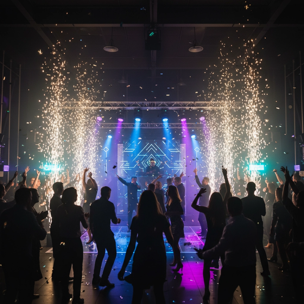 A crowd of people dance on a nightclub floor with bright stage lights, visual effects on a screen, and sparks shooting up on either side of the stage.