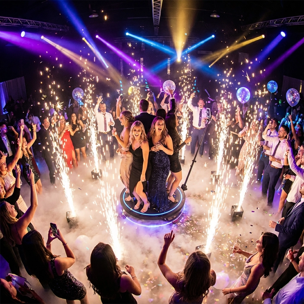 A crowd of people in formal attire dance and celebrate at a party with stage lights, fog, and indoor fireworks creating a lively atmosphere.