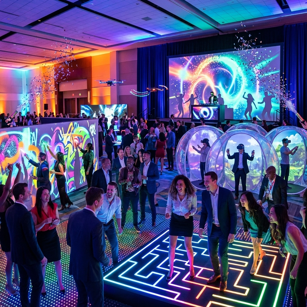 People socialize and dance on a glowing maze-patterned floor at a vibrant indoor event with neon lights, digital displays, and performers in transparent spheres.