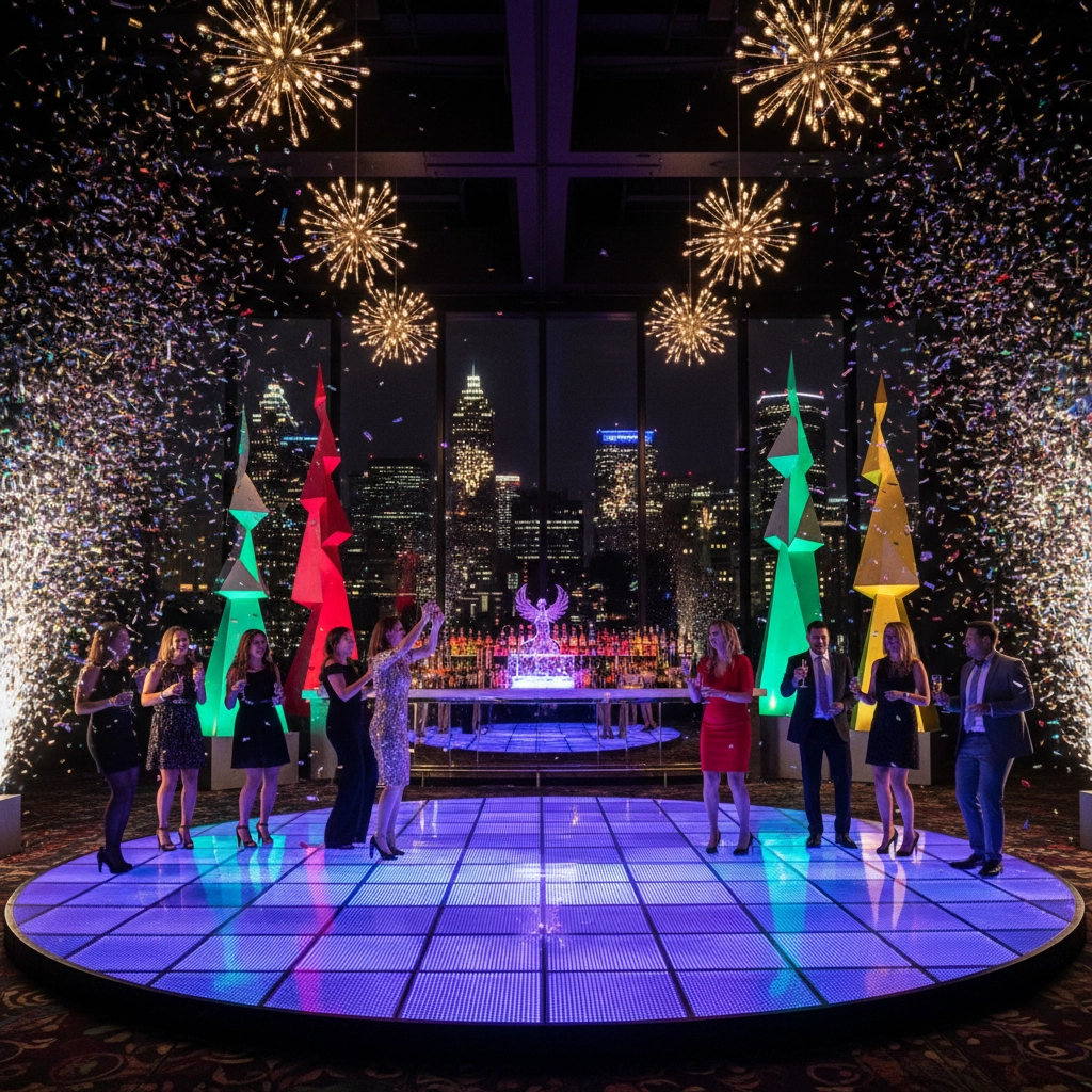People dancing on a light-up floor at a festive indoor party with confetti falling, city skyline visible through windows, and colorful, tree-shaped decorations in the background.