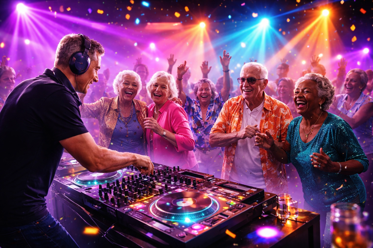 A DJ plays music at a lively party where a group of older adults are dancing and smiling under colorful lights and confetti.