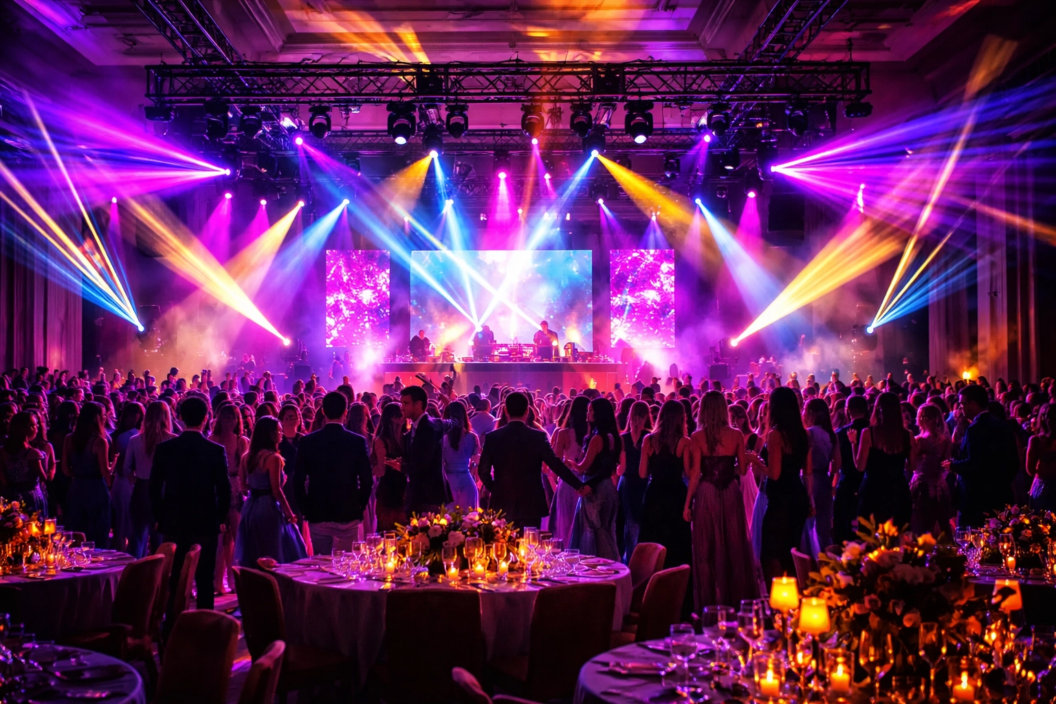 A large crowd attends a gala event in a decorated ballroom with round tables, colorful stage lighting, and a band performing on stage.