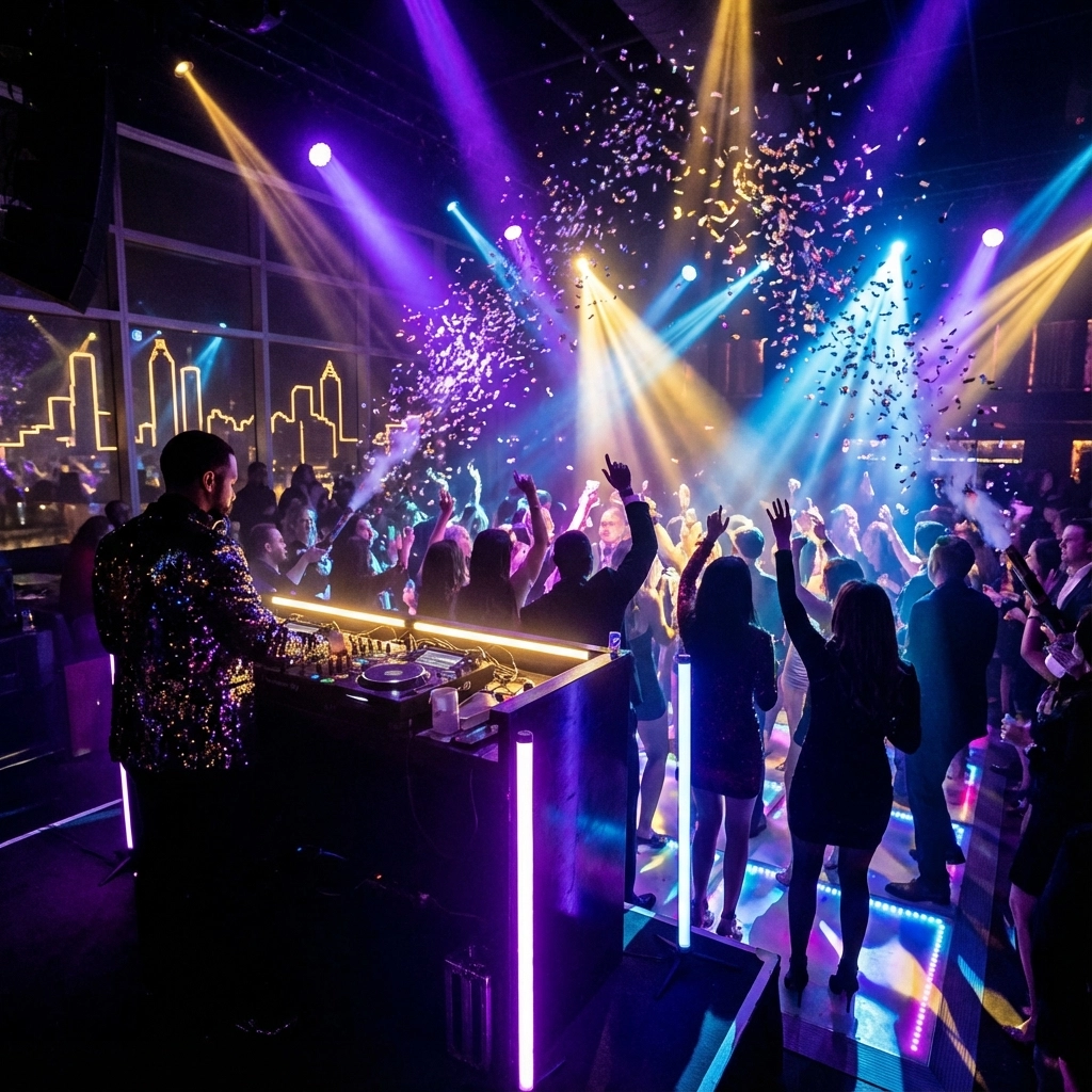 A DJ performs at a nightclub where people dance under colorful lights and falling confetti, with a city skyline visible through large windows in the background.
