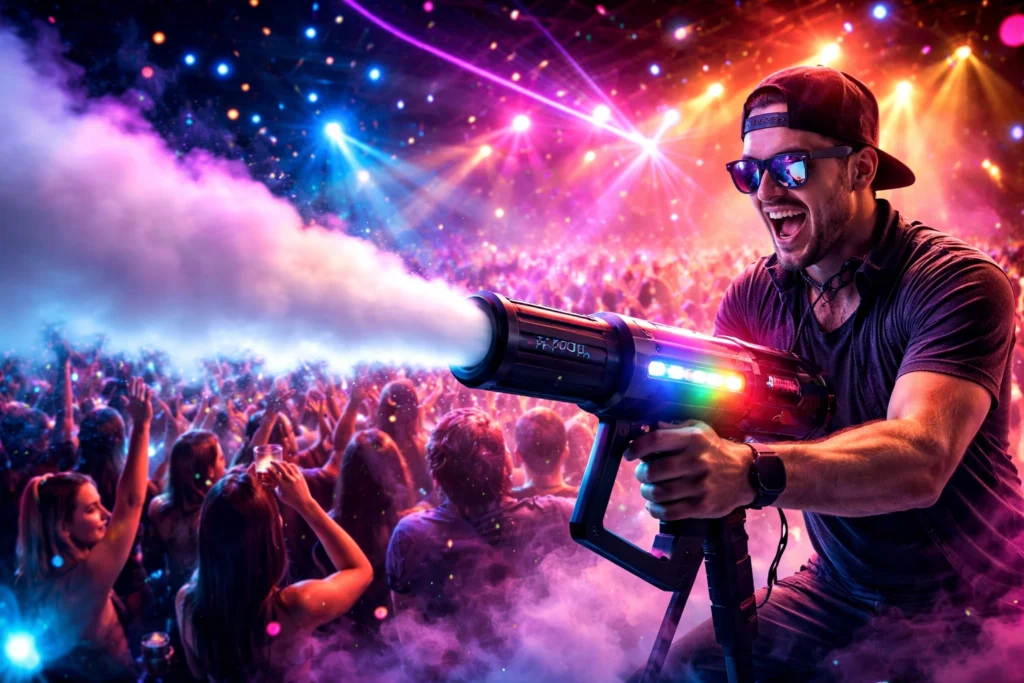 A man in sunglasses and a cap fires a fog cannon toward a cheering crowd at a colorful, vibrant concert or nightclub event with bright lights.