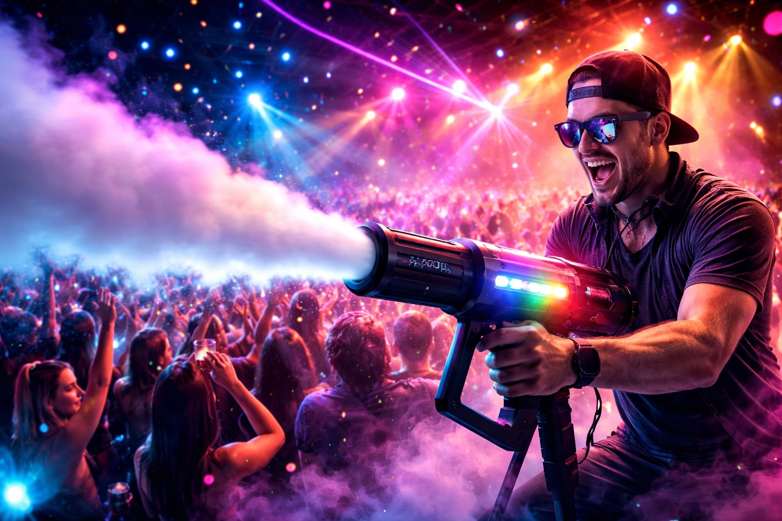 A man in sunglasses and a cap fires a fog cannon toward a cheering crowd at a colorful, vibrant concert or nightclub event with bright lights.