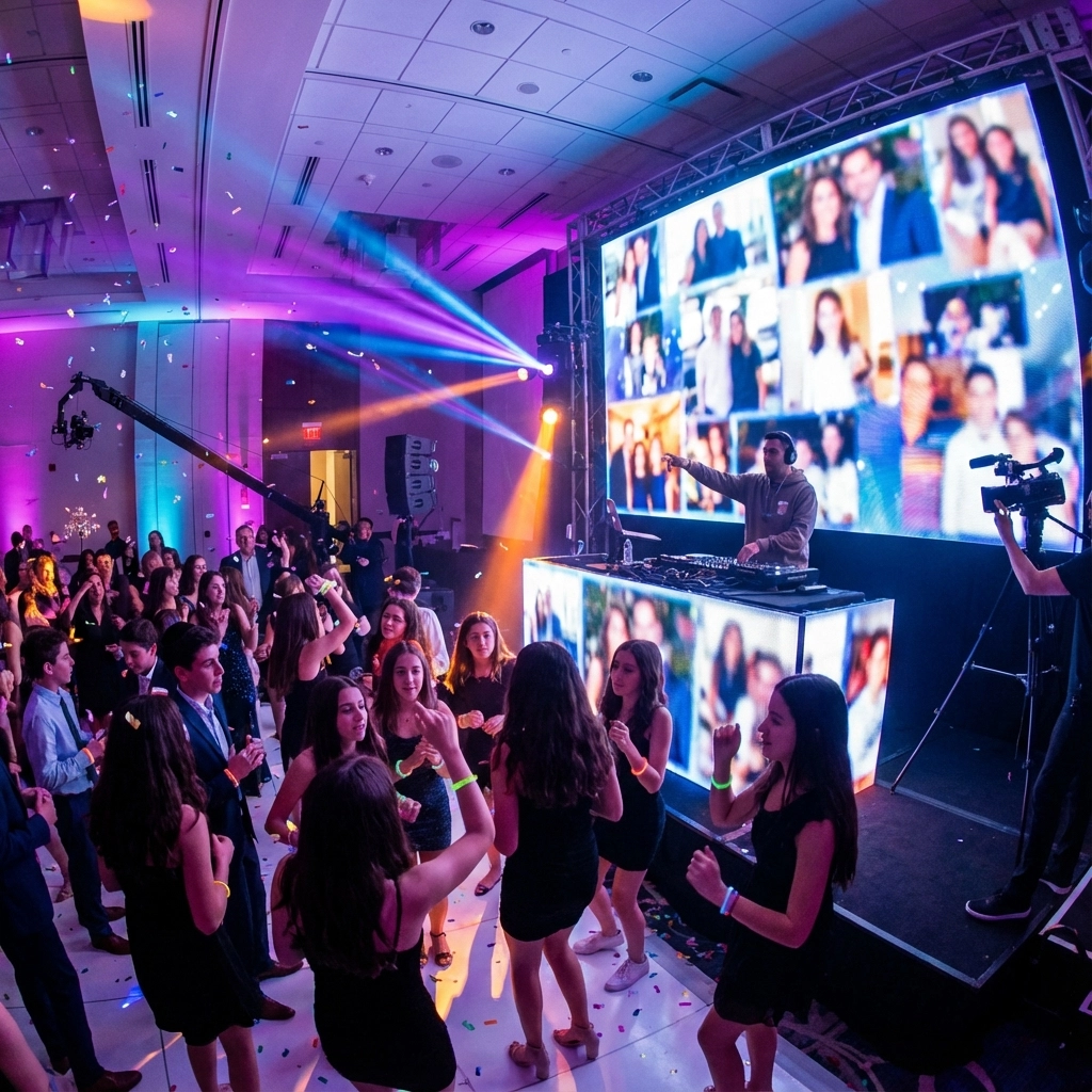 A crowd of people dance in front of a DJ booth with a large screen displaying a collage of photos at an indoor event with colorful lighting.