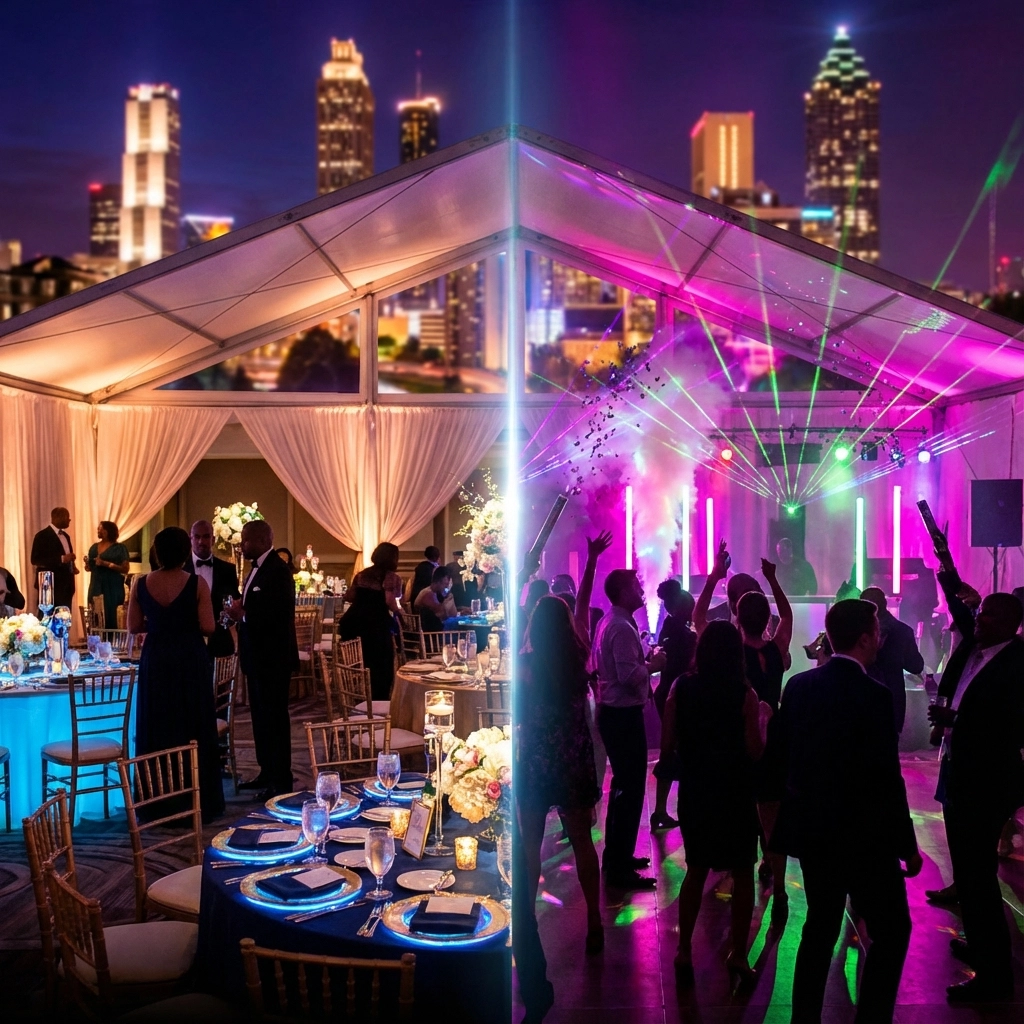 A split image shows a formal dinner setup with guests at tables on one side and a lively dance floor with colorful lights and people dancing on the other, set against a city skyline at night.
