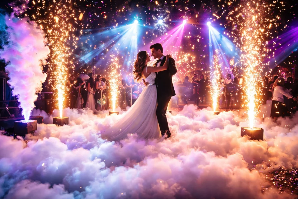 A bride and groom share a first dance surrounded by artificial fog, stage lights, and indoor fireworks, with guests watching in the background.
