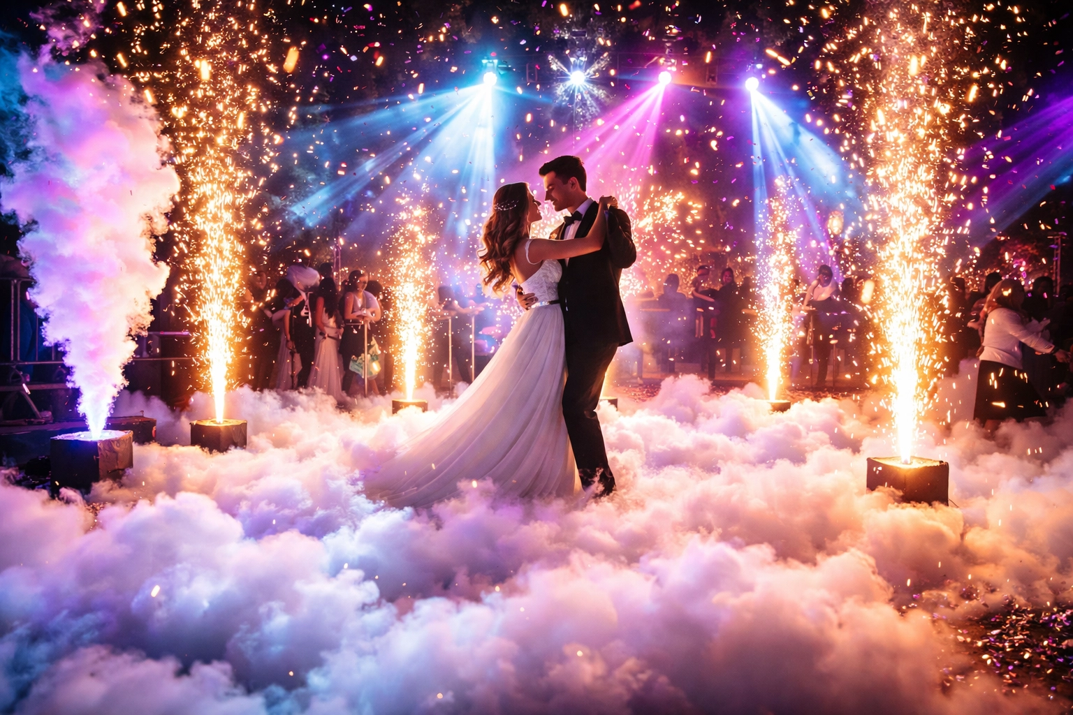 A bride and groom share a first dance surrounded by artificial fog, stage lights, and indoor fireworks, with guests watching in the background.