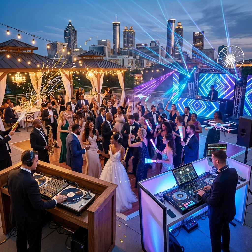 A wedding reception on a rooftop at sunset shows a bride, groom, and guests dancing near two DJs, with city skyscrapers and festive lights in the background.
