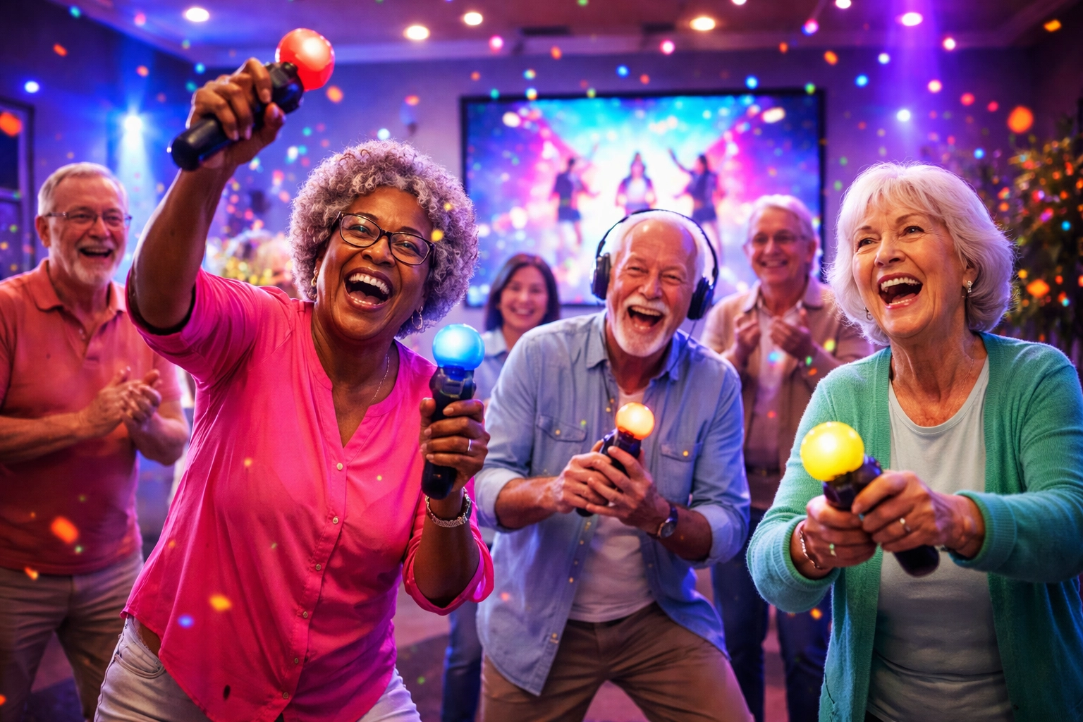 A group of older adults smiling and playing a motion-controlled video game in a colorful, festive room.