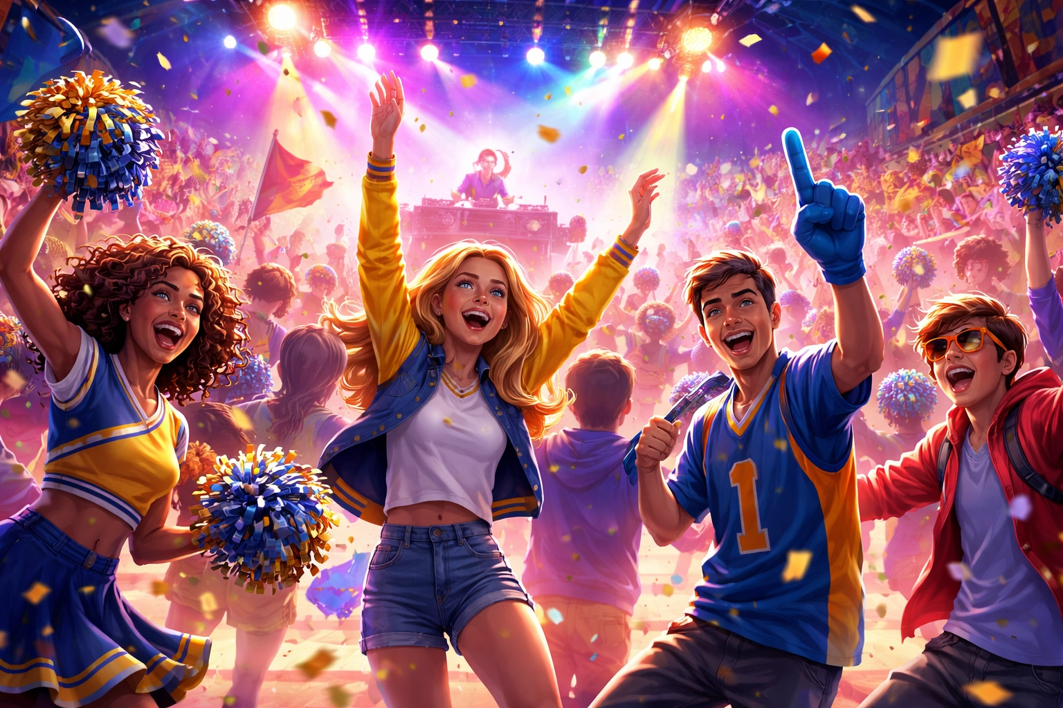A lively crowd of teenagers, including cheerleaders and a sports fan, celebrate at a party with a DJ and colorful lights in the background.