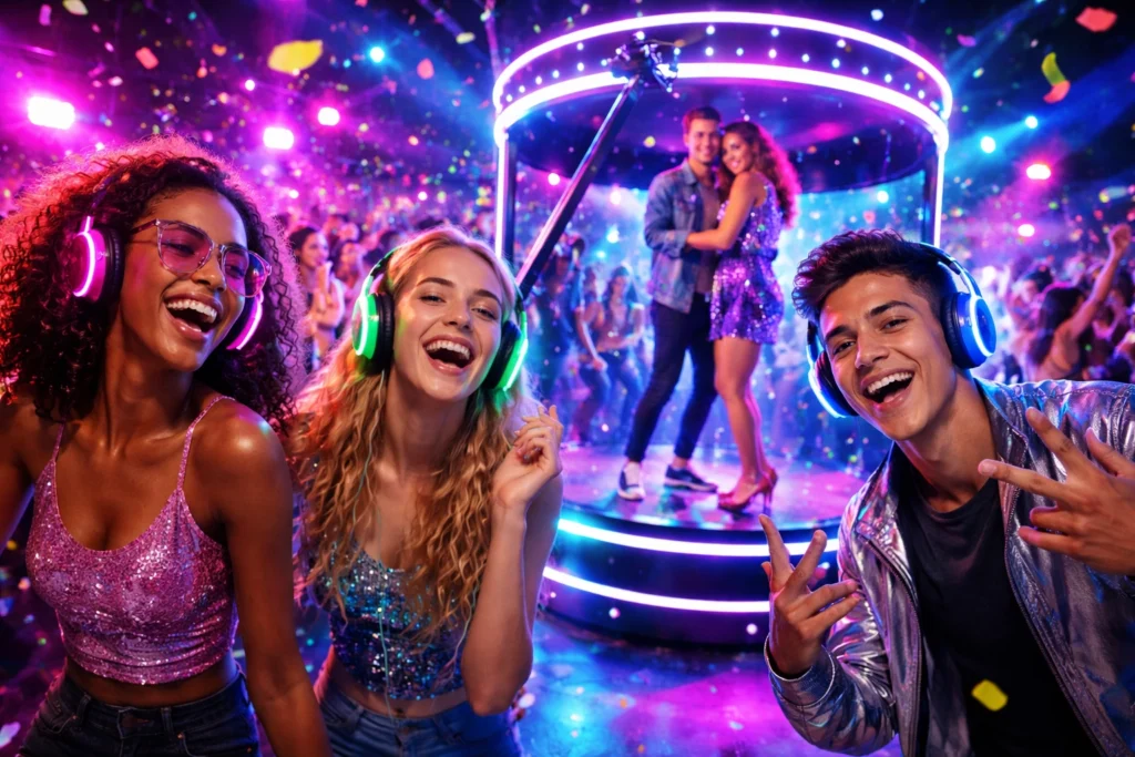 A group of young people wearing headphones dance and smile at a neon-lit silent disco party, with a couple on a rotating platform in the background. Confetti fills the vibrant scene.
