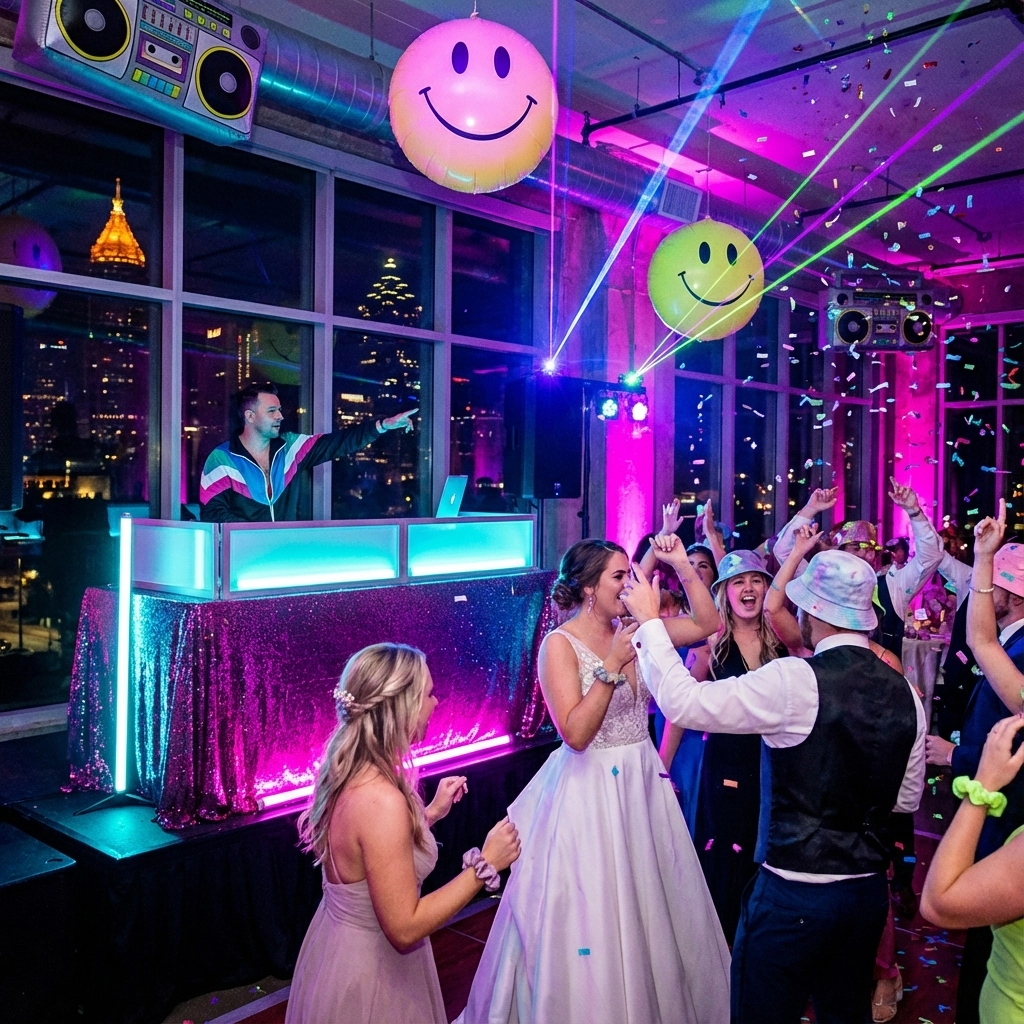 A DJ plays music at a lively indoor party with people dancing under colorful lights, confetti, and large smiley face balloons. City lights are visible through the windows.