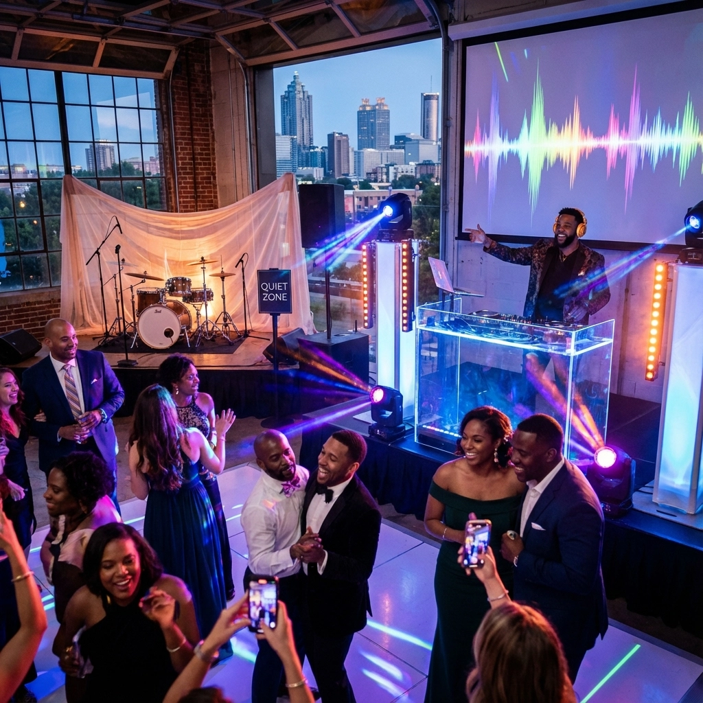 People in formal attire dance and take photos at an indoor event with a DJ, colorful lights, and city skyline visible through large windows.