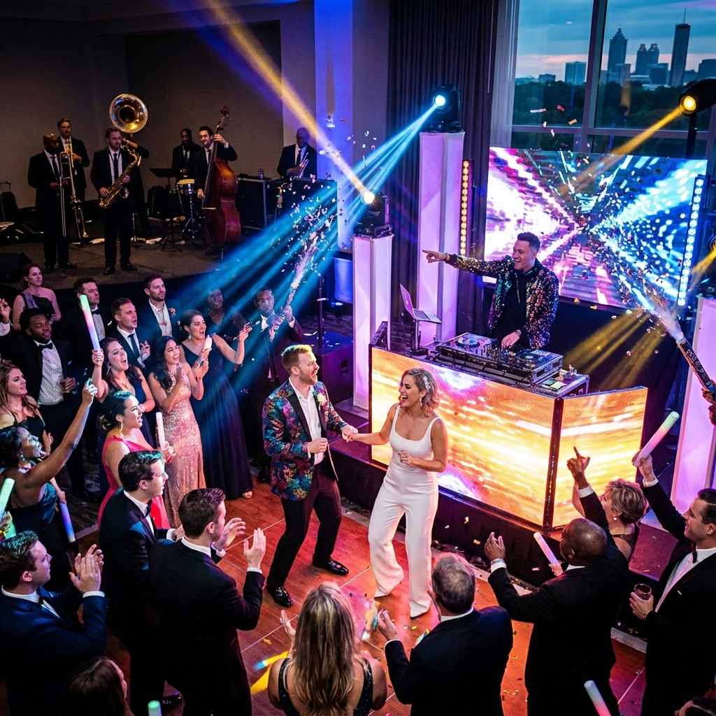 A crowd dances around a couple on a lit dance floor at a lively indoor party, with a DJ performing on stage and a live band playing in the background.
