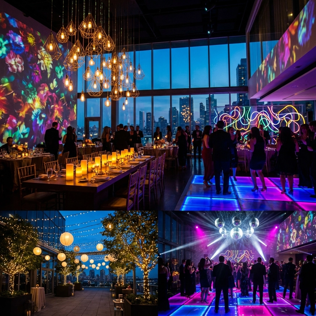 A modern rooftop event with city views, decorative lighting, neon dance floor, and guests mingling and dancing indoors and outdoors during the evening.
