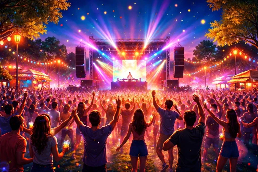 A large crowd enjoys a nighttime outdoor music festival with colorful stage lights, a DJ performing, and festive decorations in the background.