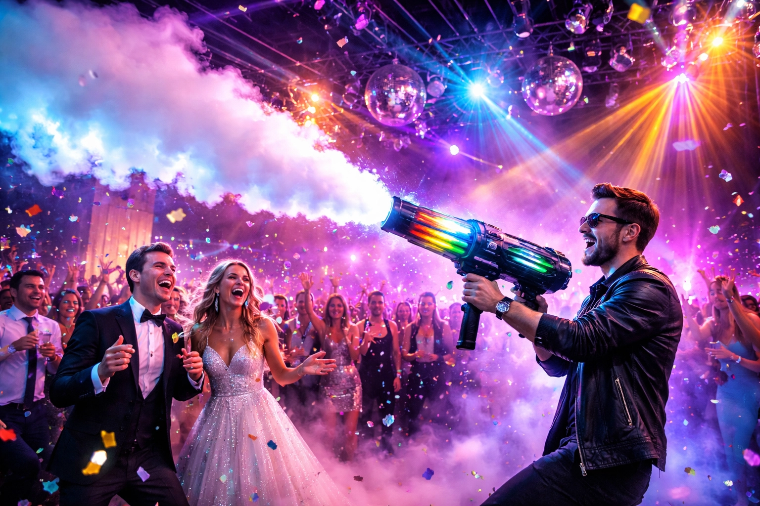A man in a leather jacket uses a smoke-blasting cannon at a lively party while a bride and groom laugh, surrounded by colorful lights and confetti.