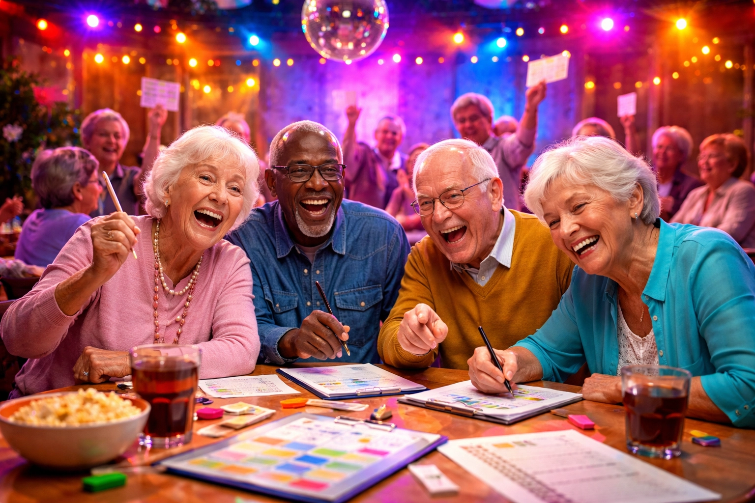 Four older adults sit at a table smiling and playing bingo in a lively, colorful room with other seniors and festive string lights in the background.