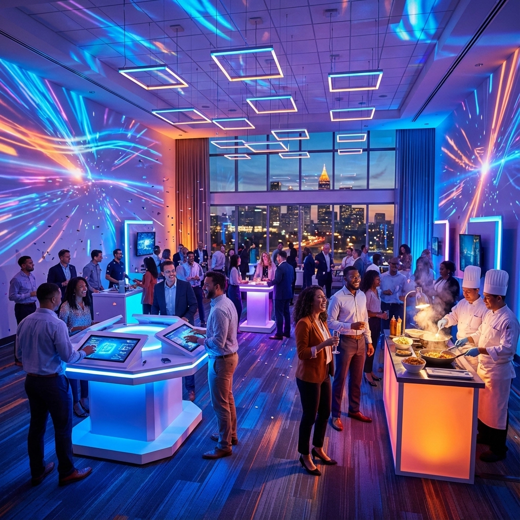 People mingle at a modern indoor event with chefs cooking at food stations, neon lighting, and city skyline visible through large windows; digital screens and colorful light effects enhance the space.