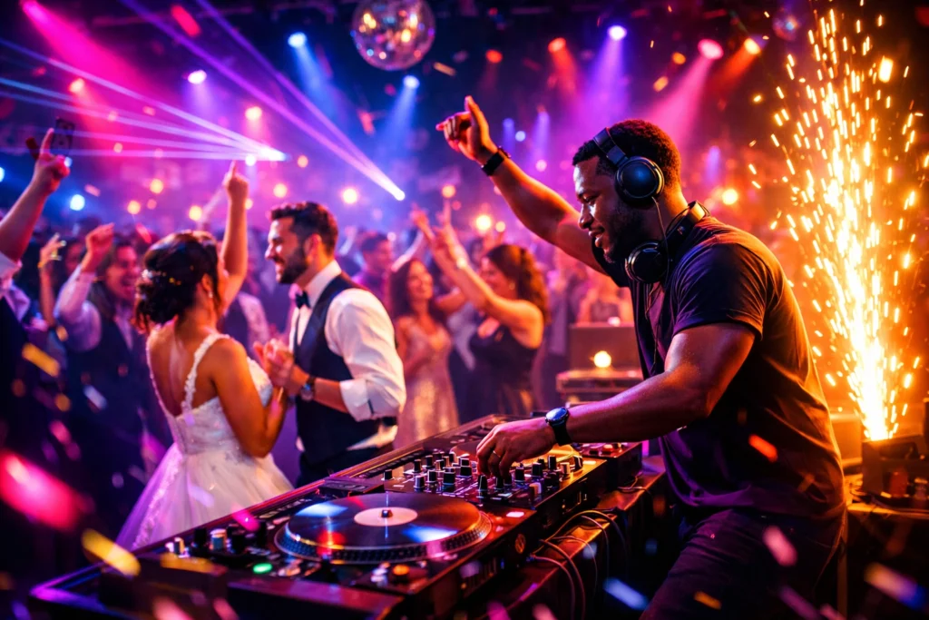 A DJ mixes music at a lively wedding reception, with guests dancing under colorful lights and confetti, and sparks shooting in the background.