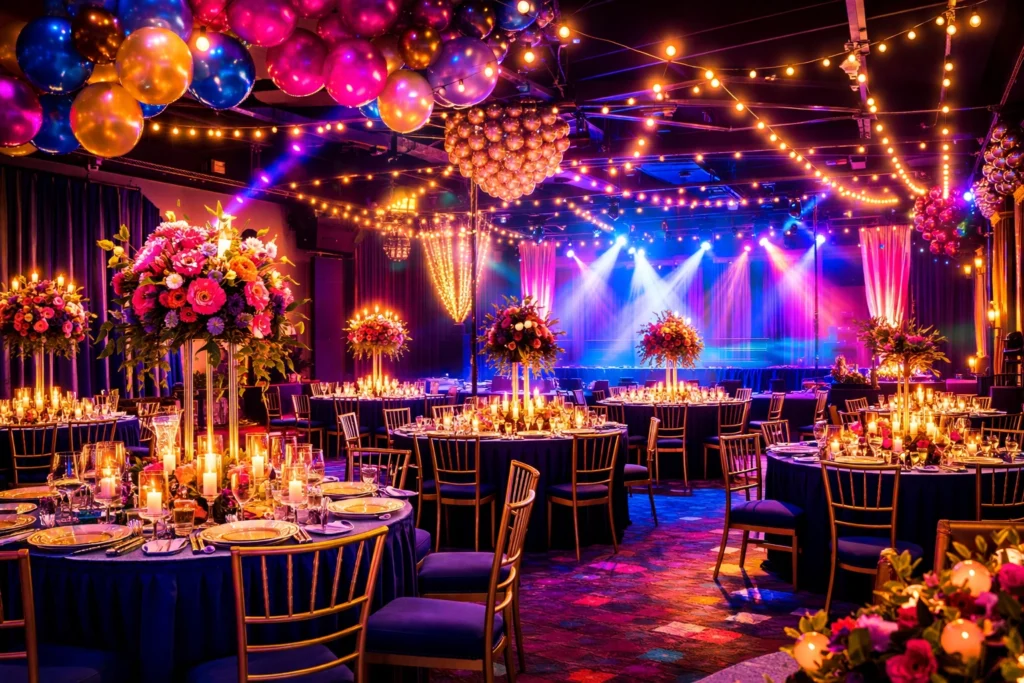 A decorated banquet hall with round tables, floral centerpieces, many lit candles, hanging string lights, and balloons, with a stage lit by colorful spotlights in the background.