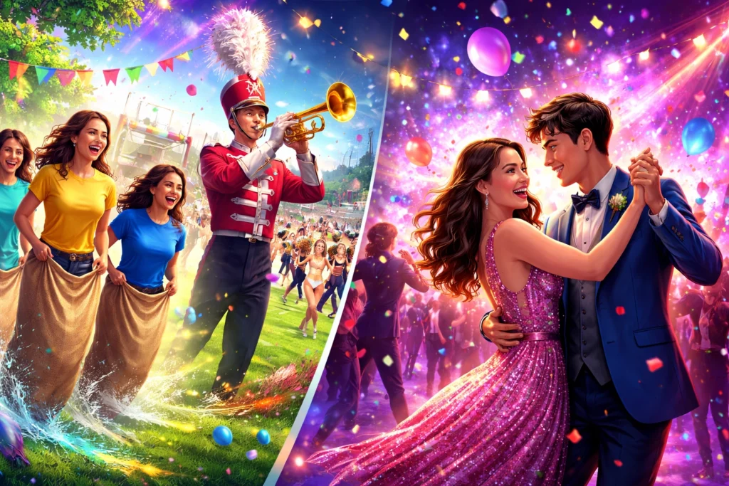 A split image shows a sack race and marching band outdoors on one side, and a young couple dancing at a colorful indoor prom on the other.