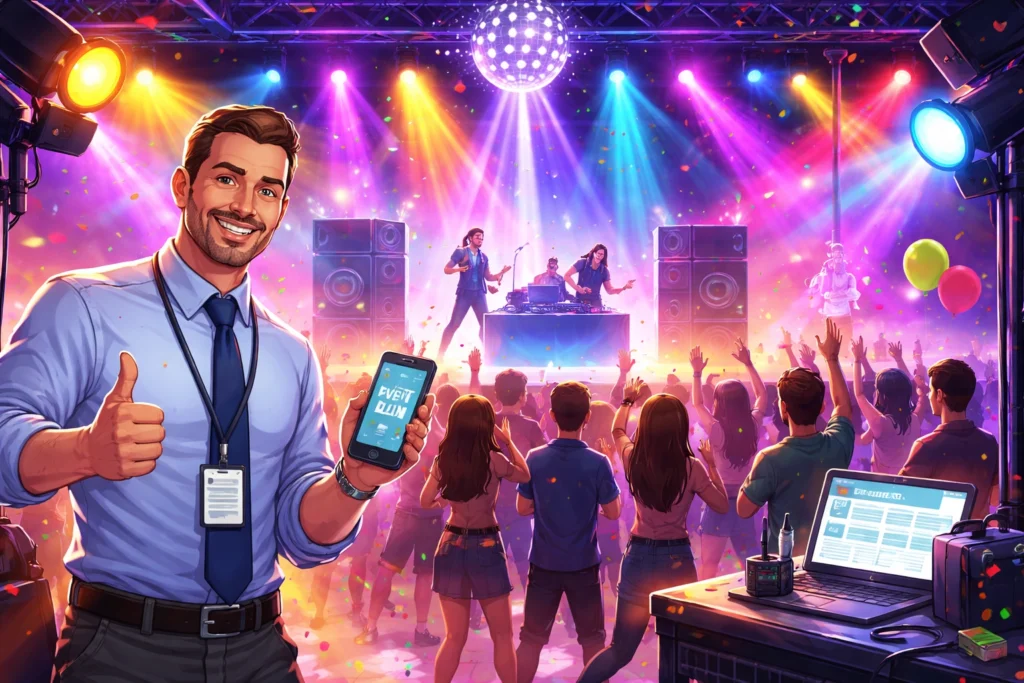 A man with a badge gives a thumbs up and holds a phone showing an event app at a lively concert with a band performing on stage and a crowd dancing under colorful lights.