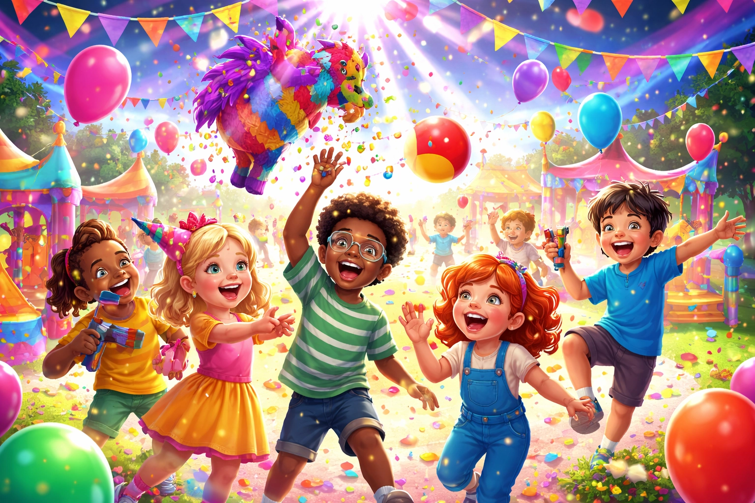 Children at a colorful outdoor party cheer and play as a piñata breaks, releasing confetti, with balloons and decorations in the background.