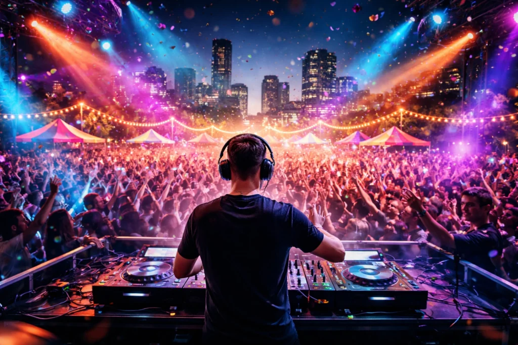 A DJ wearing headphones performs on stage at an outdoor music festival, with a large crowd, colorful lights, and city skyscrapers in the background.