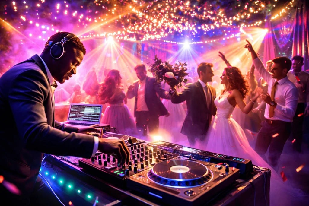 A DJ in a suit plays music at a lively wedding reception, with a bride, groom, and guests dancing under colorful lights and festive decorations.