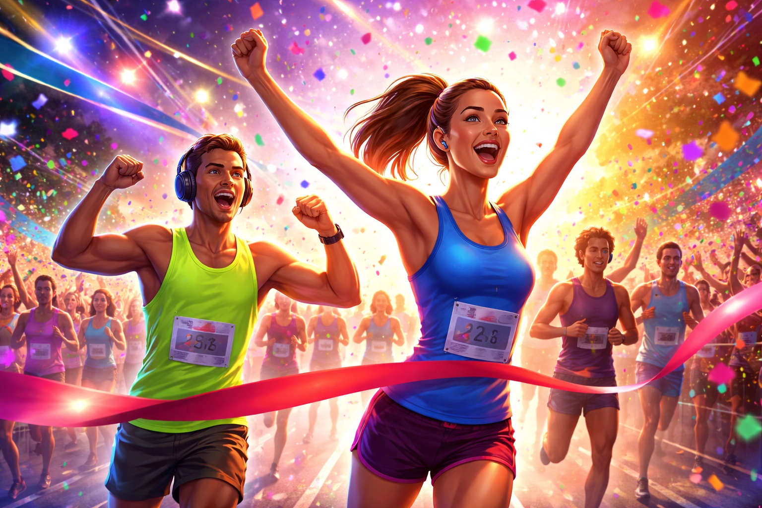 A woman in athletic wear crosses a finish line with arms raised, celebrating victory, while other runners follow amid colorful confetti and bright lights.