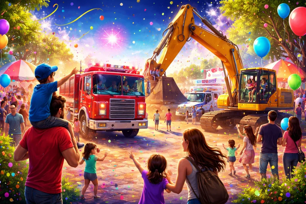 A lively festival scene with families, children, a fire truck, and an excavator, surrounded by balloons, confetti, and vendor tents on a bright, festive day.