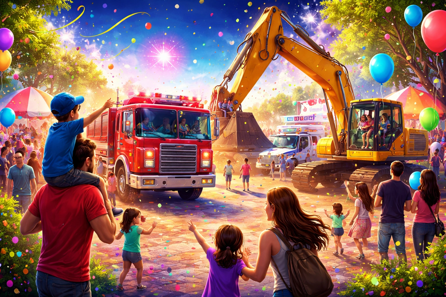A lively festival scene with families, children, a fire truck, and an excavator, surrounded by balloons, confetti, and vendor tents on a bright, festive day.