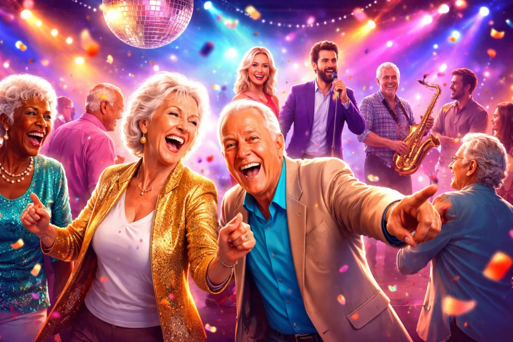A group of seniors dance and celebrate at a lively disco party, with colorful lights, confetti, and a live band performing in the background.