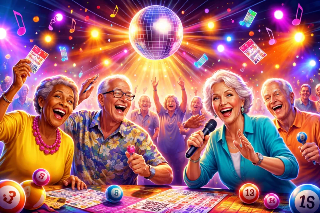 A lively group of seniors play bingo and sing karaoke under a disco ball, surrounded by colorful lights and music notes in a festive atmosphere.