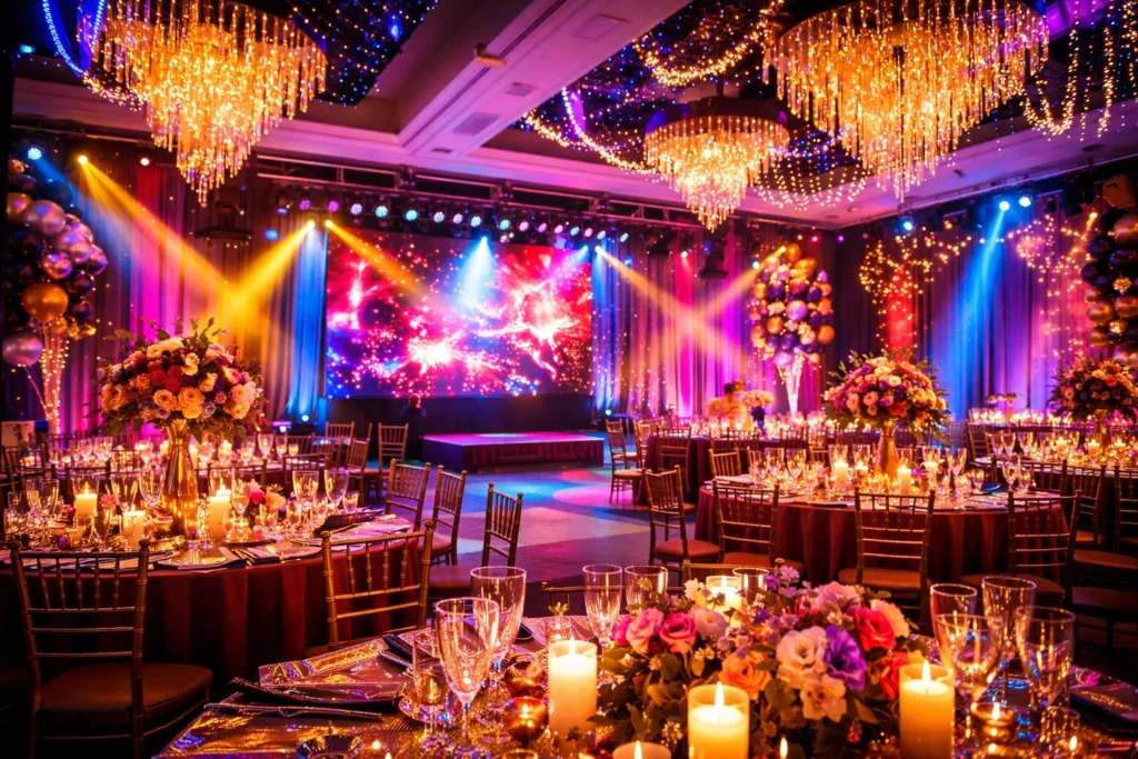 A ballroom decorated for an event with candlelit tables, floral centerpieces, gold chairs, chandeliers, and colorful stage lighting.