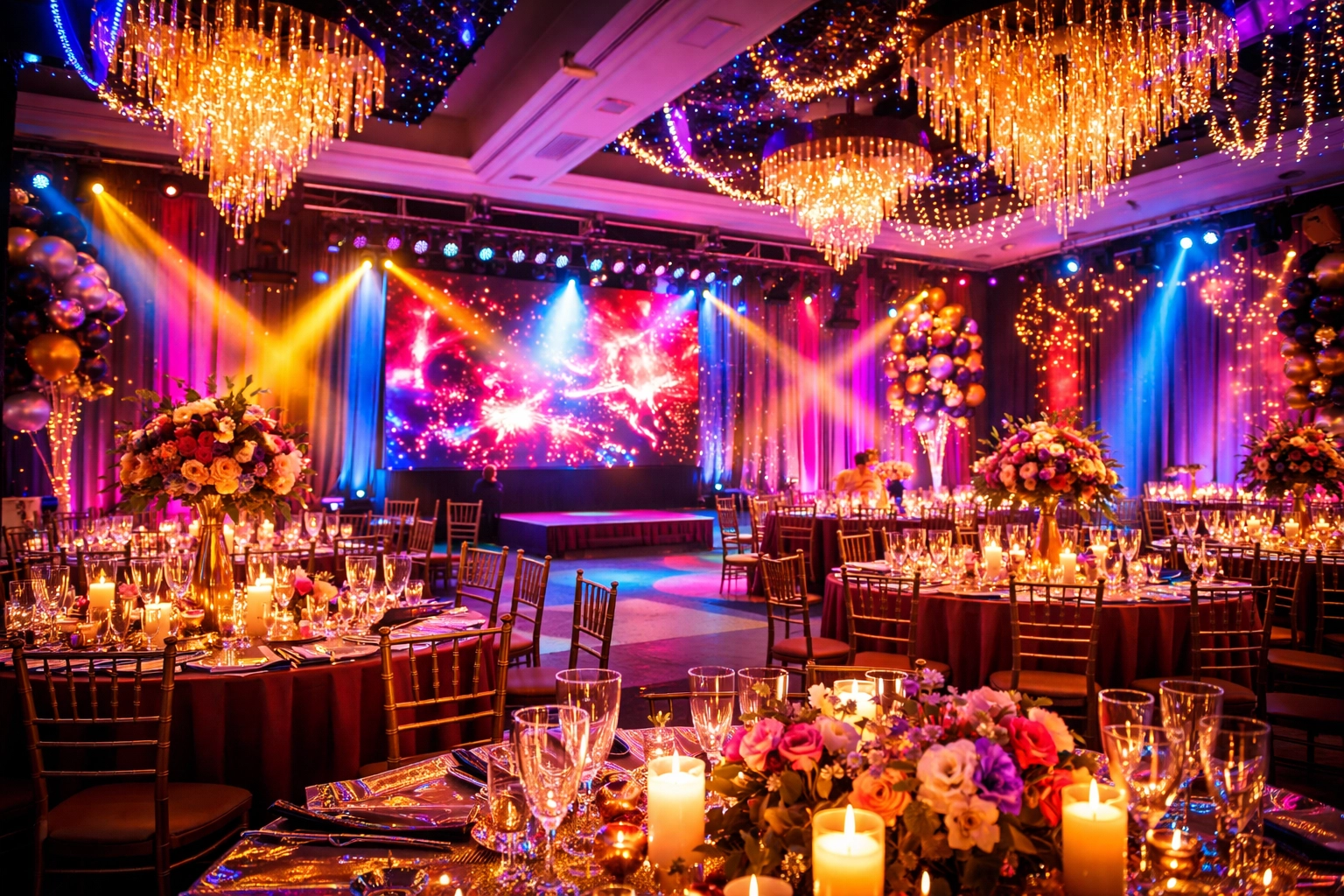 A ballroom decorated for an event with candlelit tables, floral centerpieces, gold chairs, chandeliers, and colorful stage lighting.