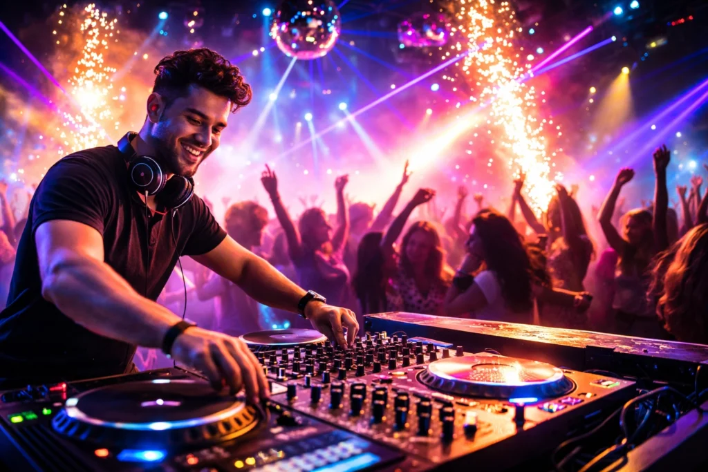 A DJ mixes music at a lively nightclub with colorful lights, fireworks, and a crowd of people dancing in the background.