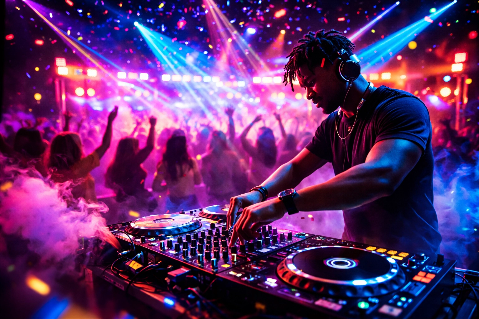 A DJ wearing headphones performs at a nightclub, adjusting controls on a mixer as a crowd dances under colorful lights and confetti.