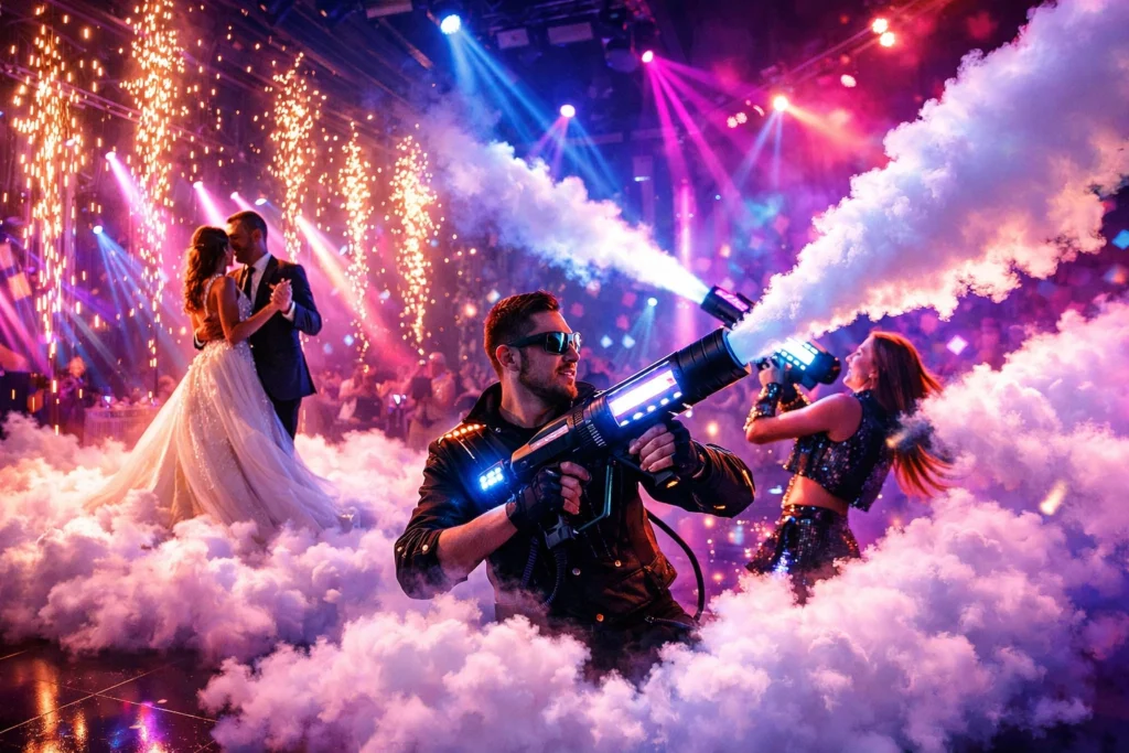 Couple dances in wedding attire as two performers with smoke guns create clouds and colorful lights fill the background.