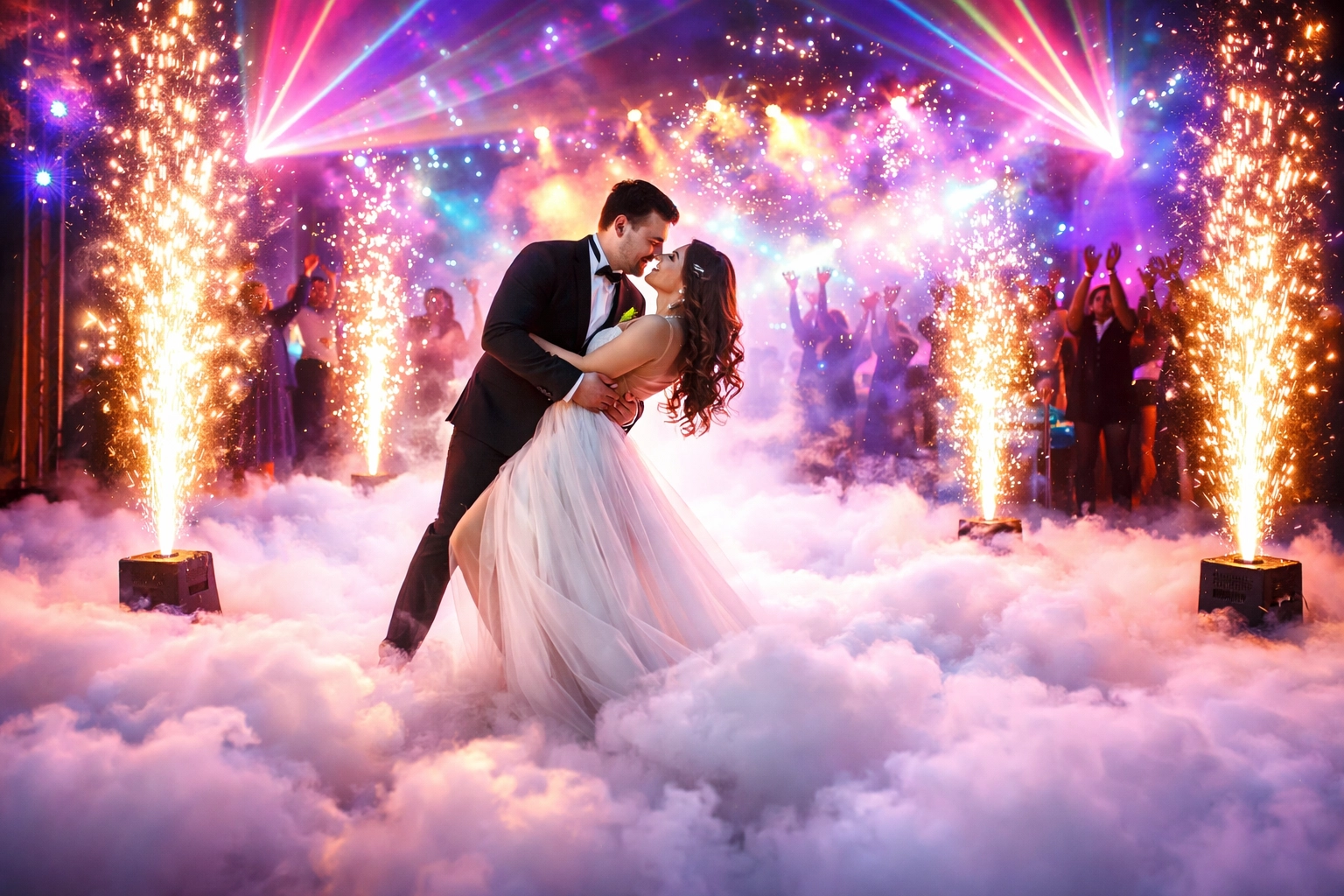 A bride and groom dance surrounded by fog, pyrotechnics, and colorful lights, with guests celebrating in the background.