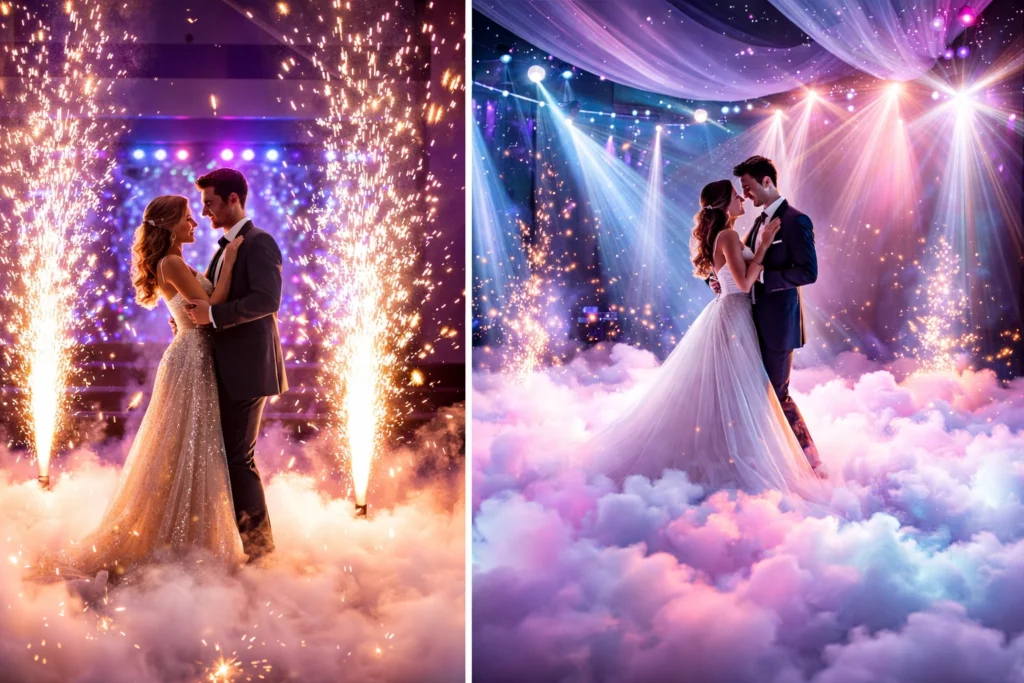 A bride and groom share a dance on a cloud-like floor with fireworks and colorful stage lights in the background.