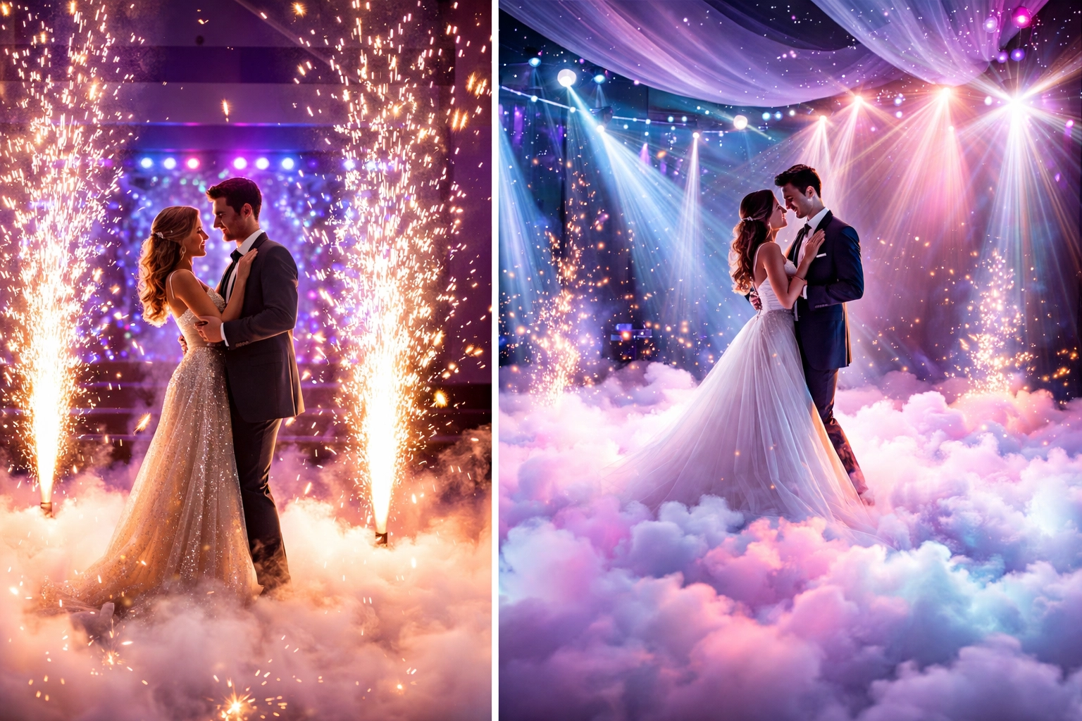 A bride and groom share a dance on a cloud-like floor with fireworks and colorful stage lights in the background.