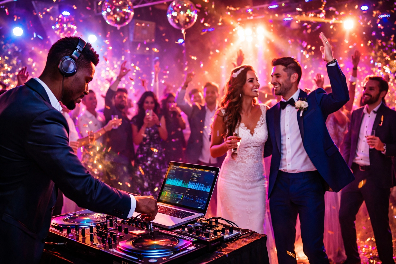 A DJ plays music at a lively wedding reception with the bride and groom dancing together, surrounded by guests and colorful lights.